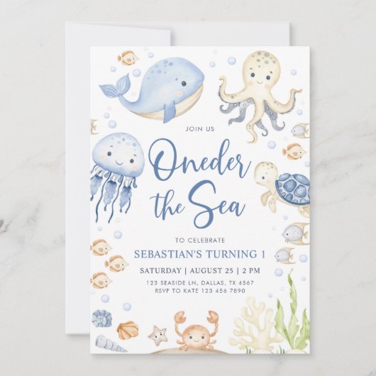 Oneder Het Zee Ocean Animals Boy 1st Birthday Kaart (Voorkant)