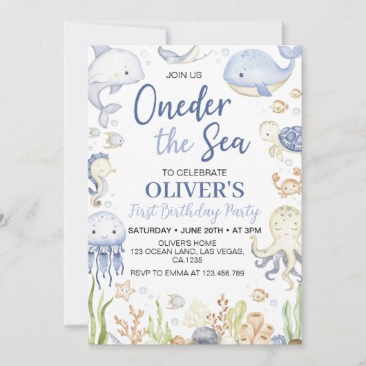 Oneder Het Zee Ocean Animals Boy Verjaardag Kaart (Voorkant)