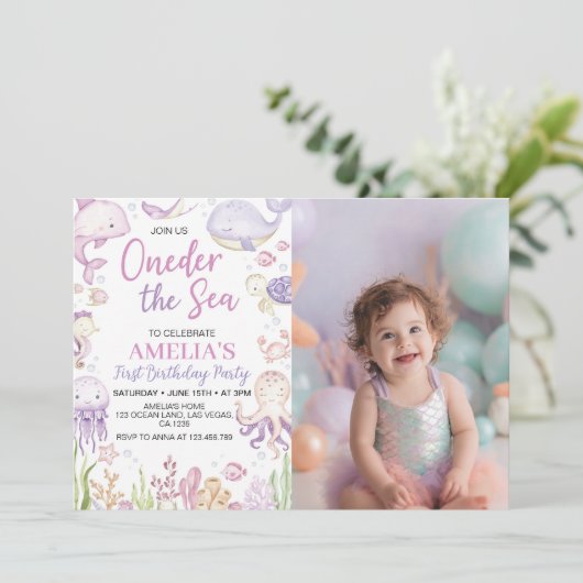 Oneder Het Zee Ocean Animals Girl Verjaardagsfoto Kaart (Staand voorkant)