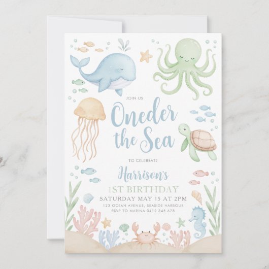 Oneder Het Zee Ocean Boy 1e Verjaardag Kaart (Voorkant)