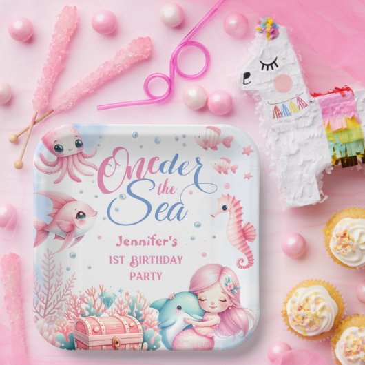 ONEder Het Zee! Roze Kleine Zeemeermin 1e Verjaard Papieren Bordje (Feest)
