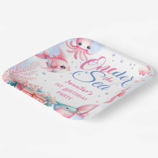 ONEder Het Zee! Roze Kleine Zeemeermin 1e Verjaard Papieren Bordje (Gebogen)