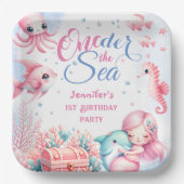 ONEder Het Zee! Roze Kleine Zeemeermin 1e Verjaard Papieren Bordje (Voorkant)