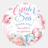 ONEder Het Zee! Roze Kleine Zeemeermin 1e Verjaard Ronde Sticker (Voorkant)