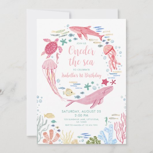 Oneder Het Zee Roze Oceaan Dieren 1e Verjaardag Kaart (Voorkant)