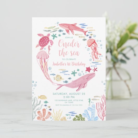 Oneder Het Zee Roze Oceaan Dieren 1e Verjaardag Kaart (Staand voorkant)