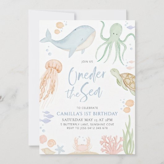 Oneder het Zee verjaardagsuitnodiging, onder het Z Kaart (Voorkant)