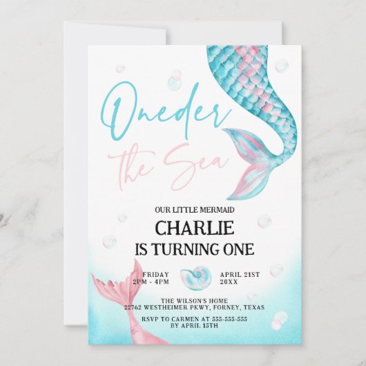 Oneder het Zee Waterverf Zeemeermin 1e Verjaardag Kaart (Voorkant)