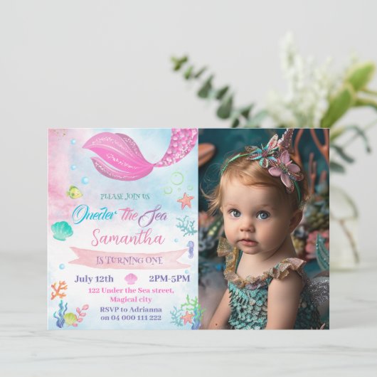 Oneder Het Zee Zeemeermin Foto 1e Verjaardag Kaart (Staand voorkant)