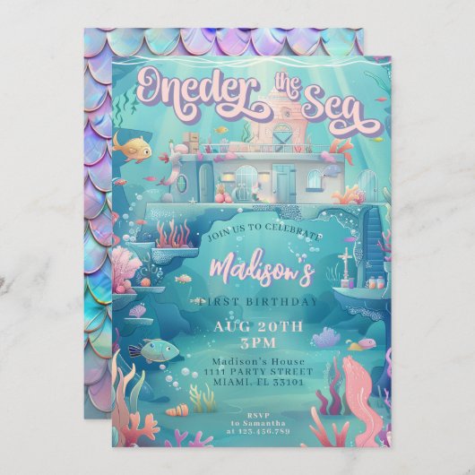 Oneder het Zee Zeemeermin Kasteel 1e Verjaardagsfe Kaart (Voorkant / Achterkant)