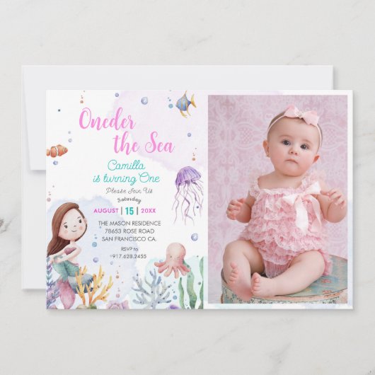 Oneder Het Zee Zeemeermin Meisje 1e Verjaardag Fot Kaart (Voorkant)