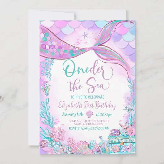 Oneder het Zee Zeemeermin Paarse Blauwgroen Eerste Kaart (Voorkant)