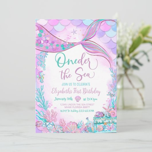 Oneder het Zee Zeemeermin Paarse Blauwgroen Eerste Kaart (Staand voorkant)