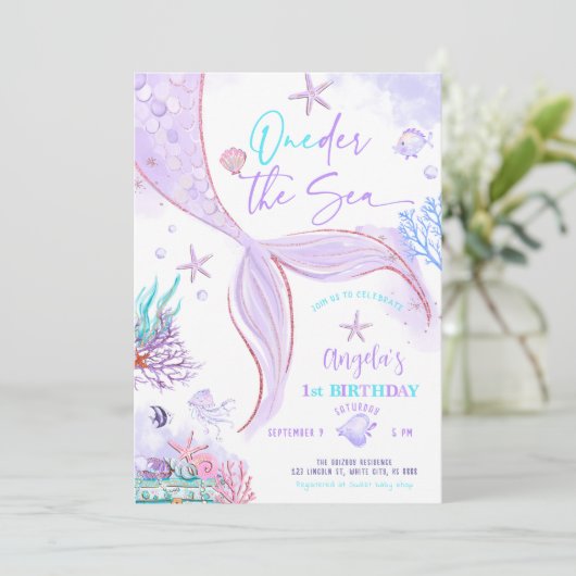 ONEder het Zee Zeemeermin Paarse Blauwgroen Eerste Kaart (Staand voorkant)