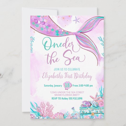 Oneder het Zee Zeemeermin Paarse Blauwgroen Eerste Kaart (Voorkant)