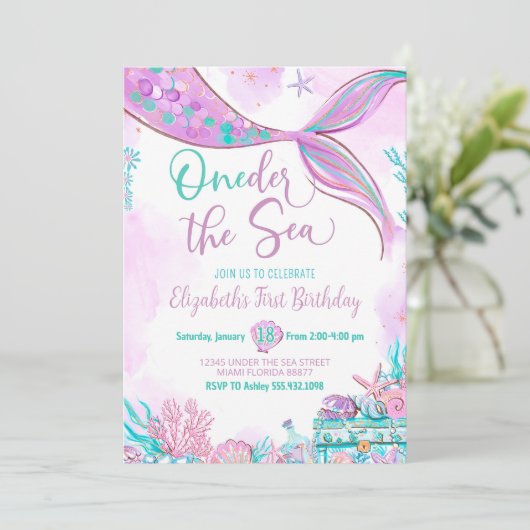 Oneder het Zee Zeemeermin Paarse Blauwgroen Eerste Kaart (Staand voorkant)