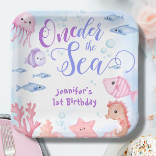 ONEder Onder De Zee! 1e Verjaardag Meisje Schattig Papieren Bordje