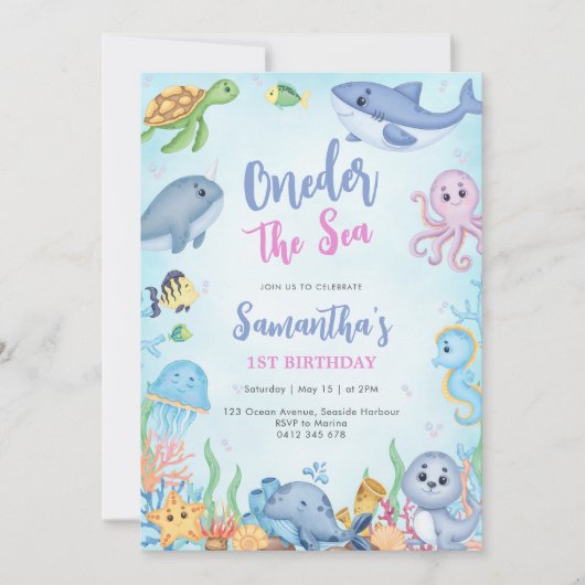 Oneder The Sea 1st Birthday Invitation Kaart (Voorkant)