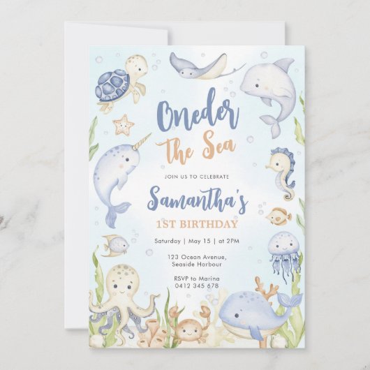 Oneder The Sea 1st Birthday Invitation Kaart (Voorkant)