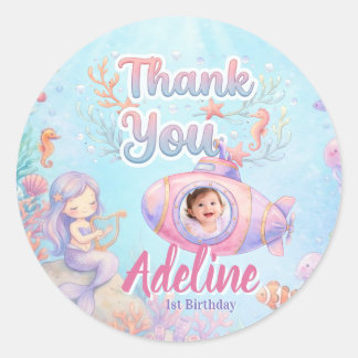 ONEder the Sea Girl 1st Birthday Photo Thank You Ronde Sticker