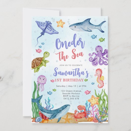 Oneder the Sea Party 1st Birthday Invitation Kaart (Voorkant)