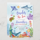 Oneder the Sea Party 1st Birthday Invitation Kaart (Voorkant / Achterkant)