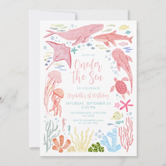 Oneder The Sea Roze Oceaandieren 1e Verjaardag Kaart (Voorkant)