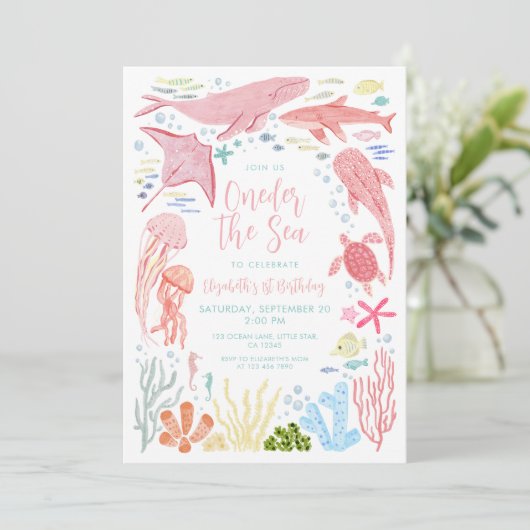 Oneder The Sea Roze Oceaandieren 1e Verjaardag Kaart (Staand voorkant)