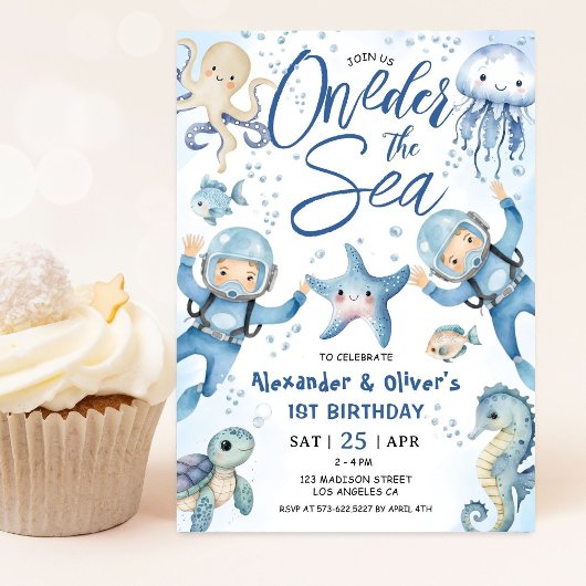 ONEder The Sea Twin Boy 1st Birthday Cute Ocean  Kaart
