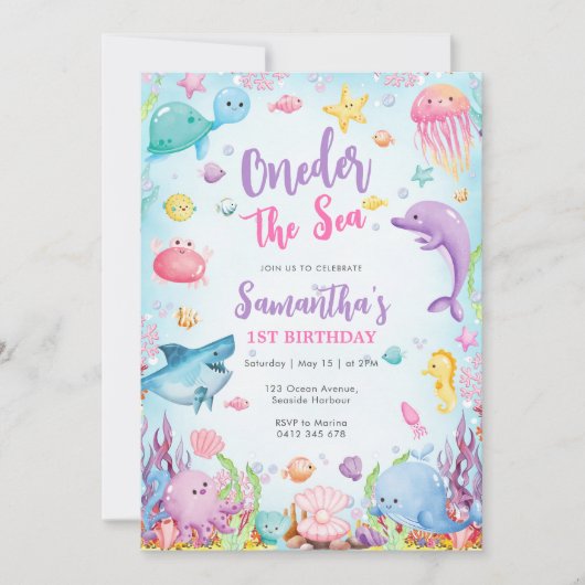 Oneder The Sea Watercolor 1st Birthday Invitation Kaart (Voorkant)