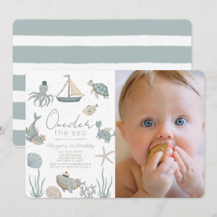 Oneder the Zee Creatures Blue 1st Birthday Foto Kaart