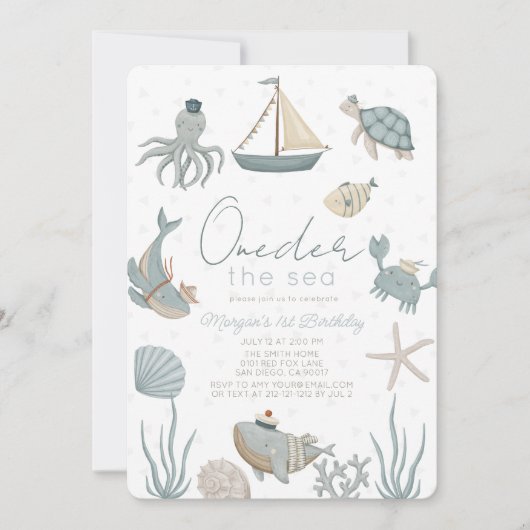 Oneder the Zee Creatures Blue Boy 1st Birthday Kaart (Voorkant)