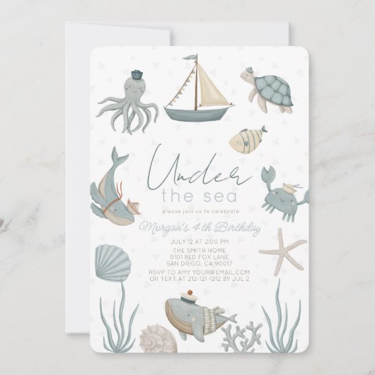 Oneder the Zee Creatures Blue Boy Birthday Kaart (Voorkant)