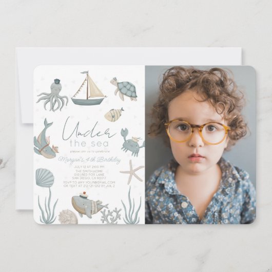 Oneder the Zee Creatures Blue Boy Verjaardagsfoto Kaart (Voorkant)