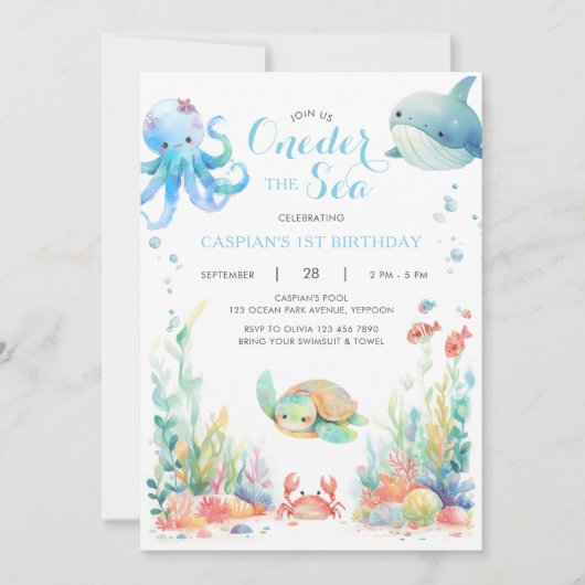 Oneder The Zee First Birthday Blue Invitation Kaart (Voorkant)