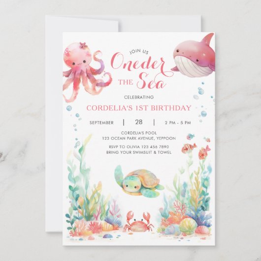Oneder The Zee First Birthday Pink Invitation Kaart (Voorkant)