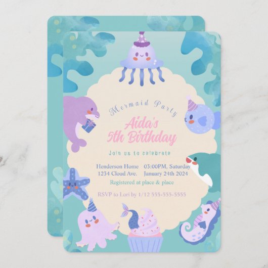 Oneder the Zee Zeemeermin Verjaardagsuitnodiging Kaart (Voorkant / Achterkant)