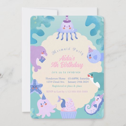 Oneder the Zee Zeemeermin Verjaardagsuitnodiging Kaart (Voorkant)