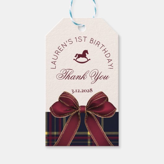 OneDerful 1e Verjaardag Bow Plaid  Dank u Cadeaulabel (Voorkant)