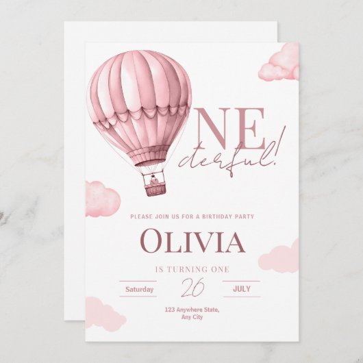 Onederful 1e verjaardag uitnodiging, heteluchtball kaart (Voorkant / Achterkant)