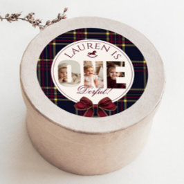 OneDerful 1st Birtdhay Bourgogne Classic Plaid Ronde Sticker