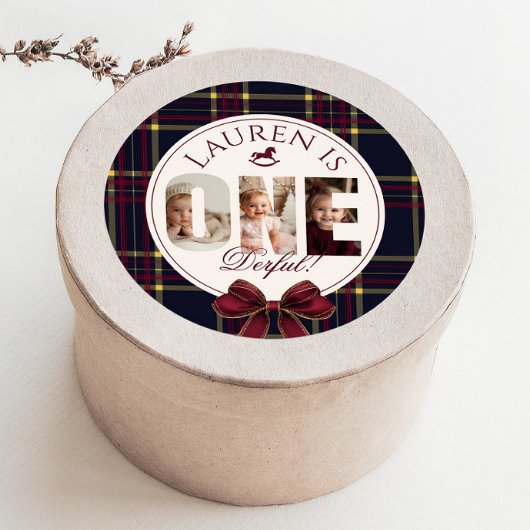 OneDerful 1st Birtdhay Bourgogne Classic Plaid Ronde Sticker