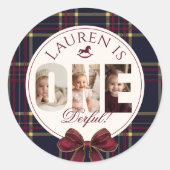 OneDerful 1st Birtdhay Bourgogne Classic Plaid Ronde Sticker (Voorkant)