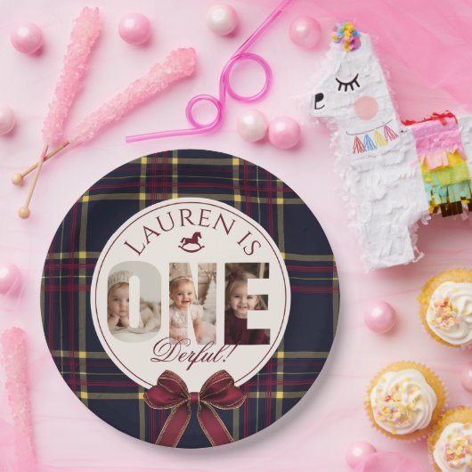 OneDerful 1st Birtdhay Burgundy Classic Plaid Papieren Bordje (Feest)