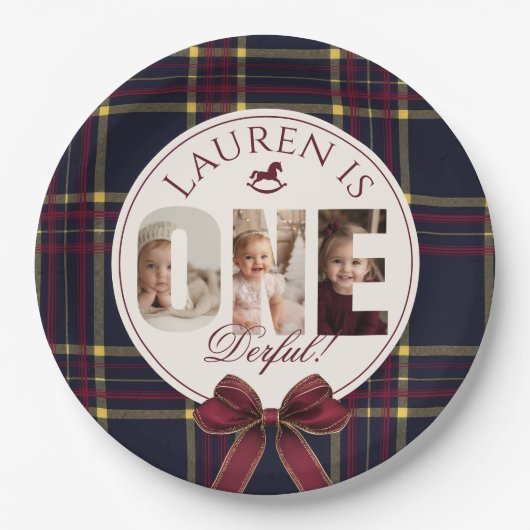 OneDerful 1st Birtdhay Burgundy Classic Plaid Papieren Bordje (Voorkant)