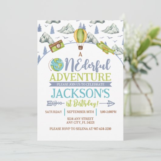 Onederful Adventure 1e verjaardag Uitnodiging (Staand voorkant)