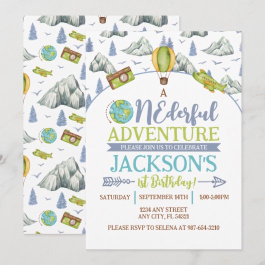 Onederful Adventure 1e verjaardag Uitnodiging (Voorkant / Achterkant)