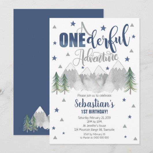 Onederful Adventure Birthday Invitation Navy 1st Kaart (Voorkant / Achterkant)