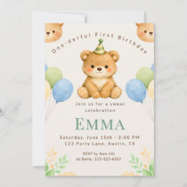 Onederful Bear First Birthday Party Invitation Kaart