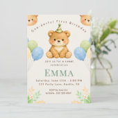 Onederful Bear First Birthday Party Invitation Kaart (Staand voorkant)
